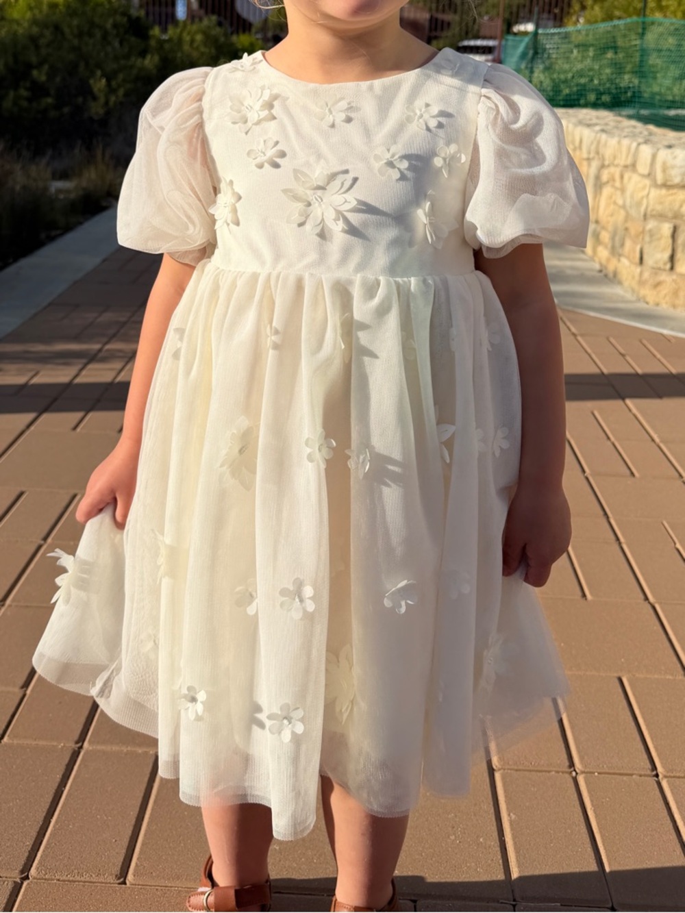 H&M Ivory Floral Tulle Dress with Puff Sleeves
